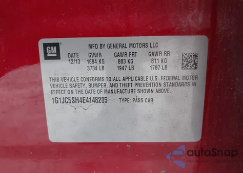 2014 Chevrolet Sonic Lt z USA, uszkodzony, nr VIN 1G1JC5SH4E4148205